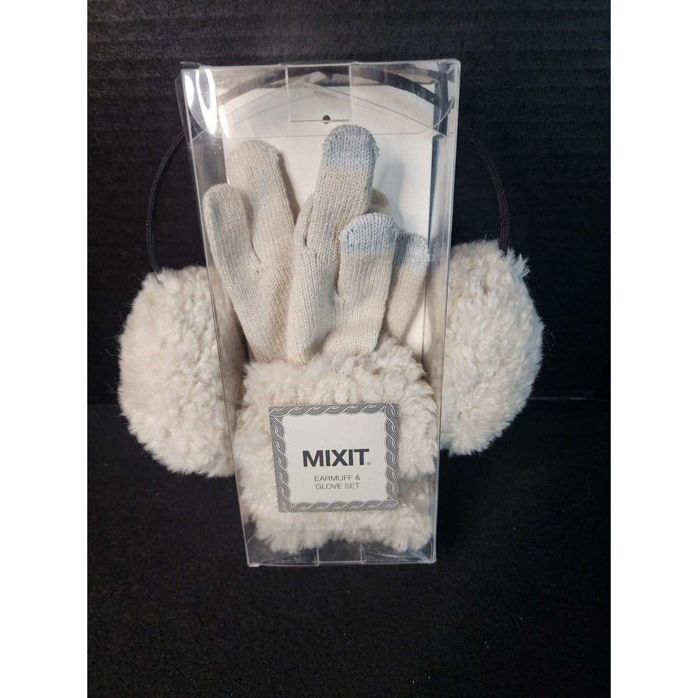 Mixit Earmuff and Glove Set Ivory Faux Fur Knit Touchscreen Gloves New